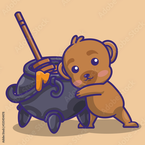 illustration of a cute sun bear with an couldron filled with honey 