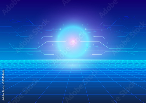 Futuristic Digital Circuit Floating Neon Glow Light Sphere Grid Floor Technology Abstract Background