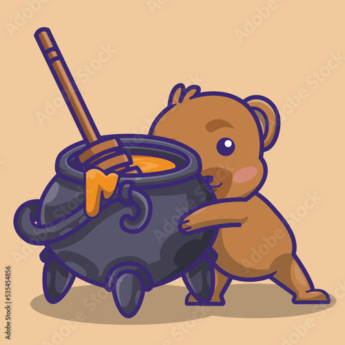 illustration of a cute sun bear with an couldron filled with honey 