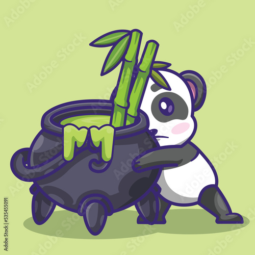 illustration of a cute panda with an couldron filled with bamboo 