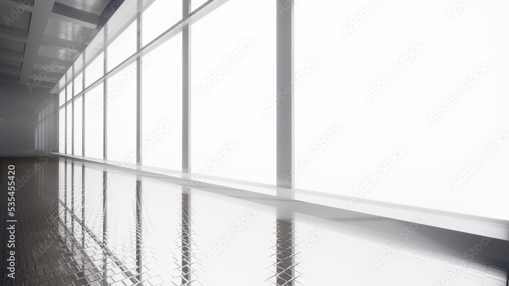 Fototapeta premium Abstract white and black interior multilevel public space with window. 3D illustration and rendering