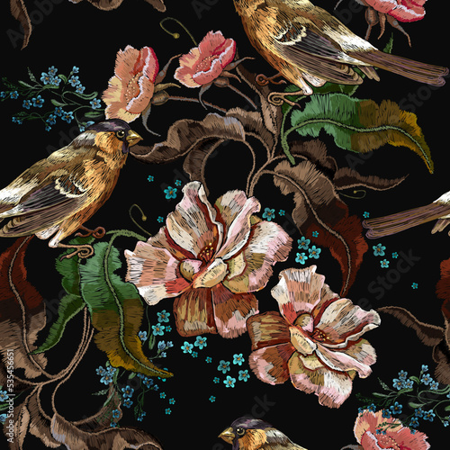 Embroidery. Pink autumn roses flowers and birds. Fashion vintage seamless pattern. Fall garden art. Template for design of clothes, tapestry