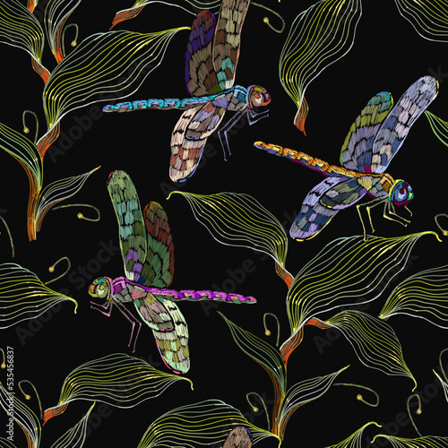 Embroidery meadow herbs and dragonflies seamless pattern. Summer floral art. Fashion botanical template for clothes, tapestry, t-shirt design