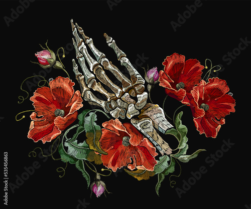 Embroidery. Wild red poppies and skeleton hands. Gothic template for design of clothes, tapestry