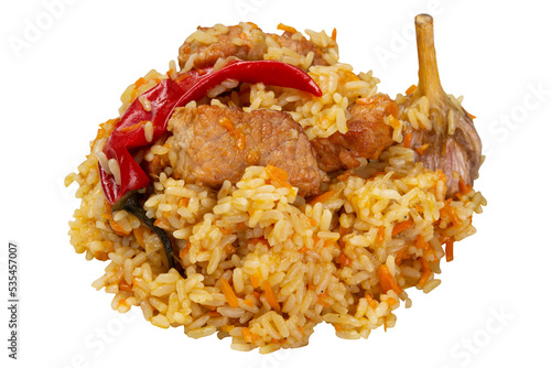 Uzbek pilaf with meat and garlic, a portion of pilaf on a white background, isolate