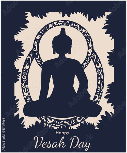 The Buddha sits in a lotus position on the background of a lace frame. Vector stock illustration. White background. Cut out paper. Vesak holiday. Happy day. Buddhism.