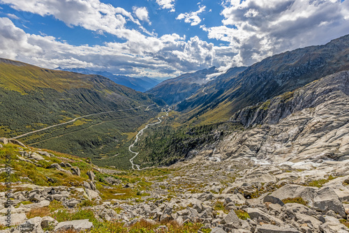 View of the Grimsel Pass from the Furka Pass in Switzerland