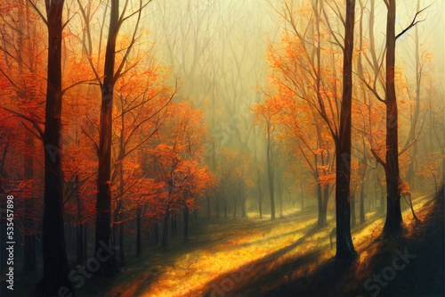 Extra Wide Panorama Of Gorgeous Autumn Forest painting. High quality illustration