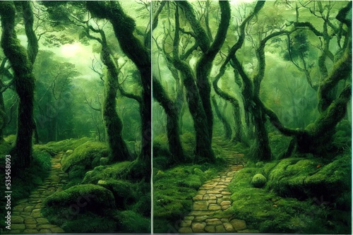 A path in a mossy forest. Forest path way. Path in forest. Forest path view. High quality illustration