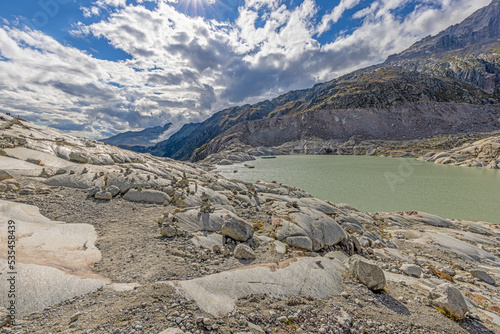 View of the glacial lake of the Rhone Glacier in Switzerland