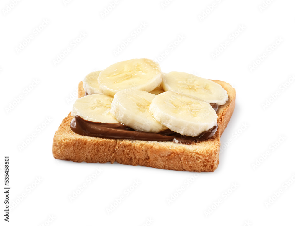 Delicious toast with bananas and chocolate cream isolated on white