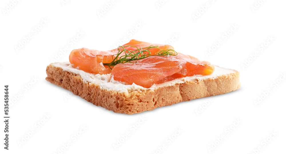 Delicious toast with cream cheese, salmon and microgreens isolated on white Delicious toast with cream cheese, salmon and microgreens isolated on white