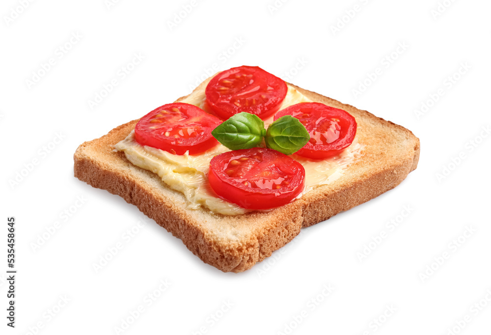 Delicious toast with butter, tomatoes and basil isolated on white Delicious toast with butter, tomatoes and basil isolated on white