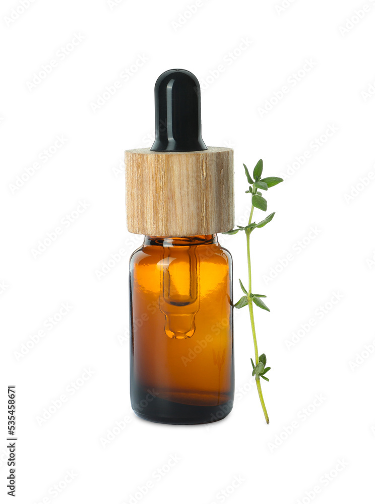 Bottle of essential oil and thyme isolated on white Bottle of essential oil and thyme isolated on white