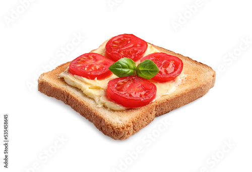 Delicious toast with butter, tomatoes and basil isolated on white