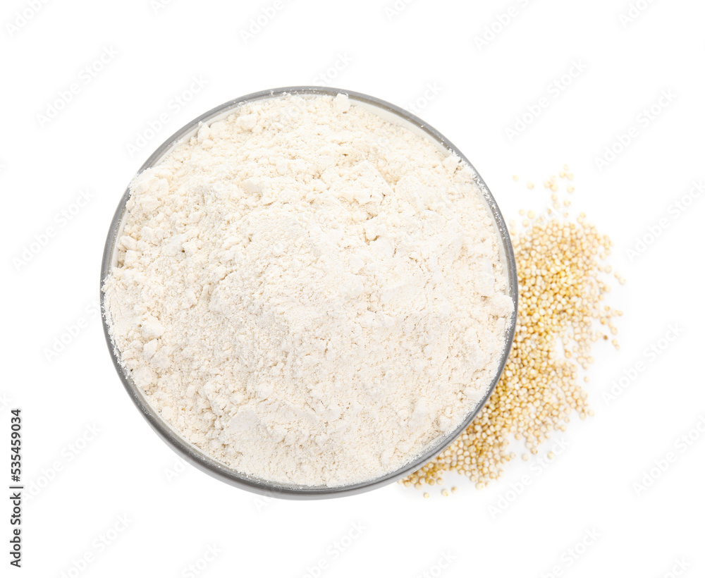Bowl with quinoa flour and grains on white background, top view Bowl with quinoa flour and grains on white background, top view