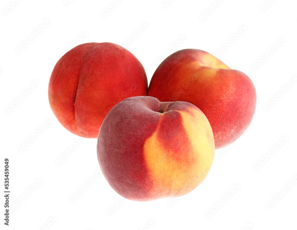Delicious ripe juicy peaches isolated on white Delicious ripe juicy peaches isolated on white