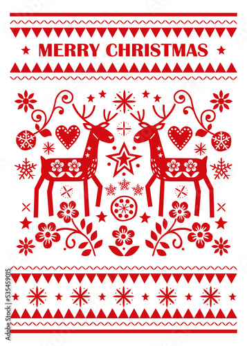 Merry Christmas greting card vector design 5x7 format - Scandinavian folk art style with reindeer and flowers
