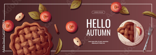 Autumn promo sale flyer with Apple Pie and apples. Autumn, cooking, baking, thanksgiving day concept. Vector illustration. Banner, flyer, advertising, menu, special offer.