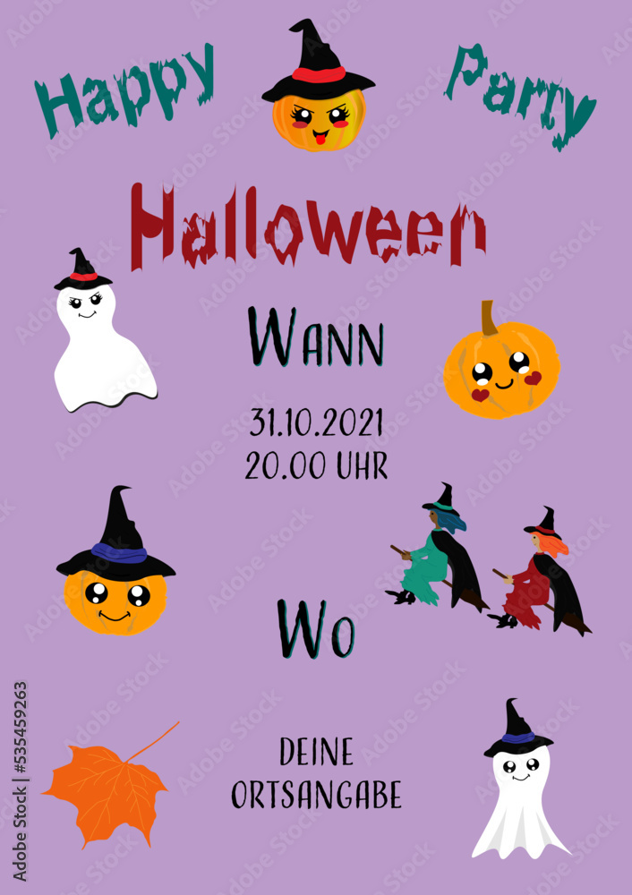 Lustiges Halloween Poster mit Geistern, Hexen und Kürbissen. Vektor ...
