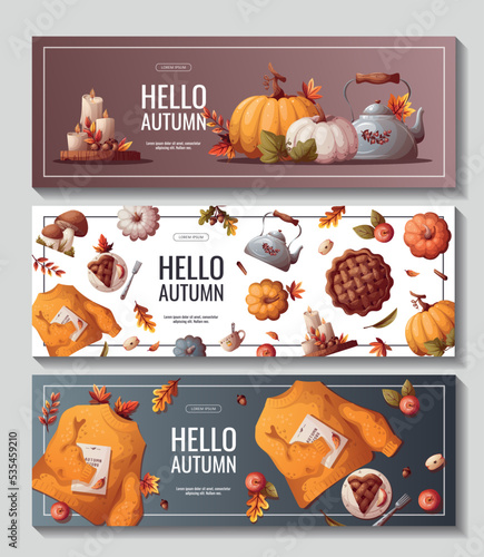 Set of autumn promo flyers with pumpkins, apple pie, sweater, kettle and autumn leaves. Autumn, harvest, holiday, fall concept. Vector illustration. Banner, flyer, advertising.