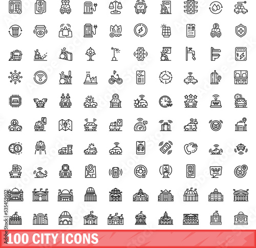100 city icons set. Outline illustration of 100 city icons vector set isolated on white background
