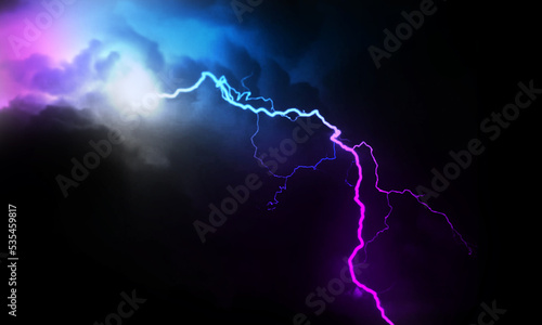 Lightning. Natural light effect, bright glowing. Magic purple thunderstorm.