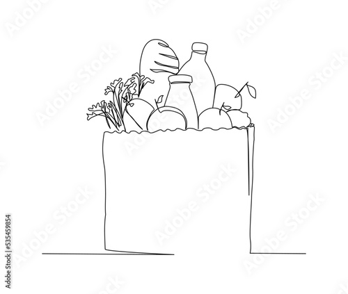 Continuous line art drawing of Grocery food basket, fruits and bread in the papper bag. Grocery food basket single line art drawing vector illustration.