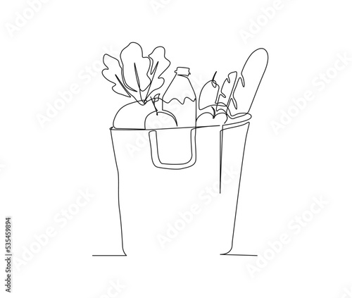 Continuous line art drawing of Grocery food basket, fruits and bread in the papper bag. Grocery food basket single line art drawing vector illustration.