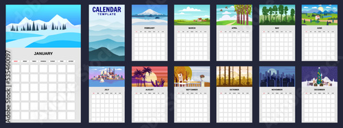 Template Calendar landscape natural backgrounds of four seasons
