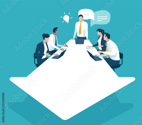Direction. Planning, strategy. The team is discussing about a new idea. Vector illustration.
