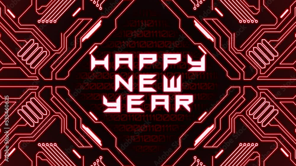Happy New Year on red mother board with matrix text from numbers, motion abstract futuristic, cosmos and winter holidays style background Happy New Year on red mother board with matrix text from numbers, motion abstract futuristic, cosmos and winter holidays style background
