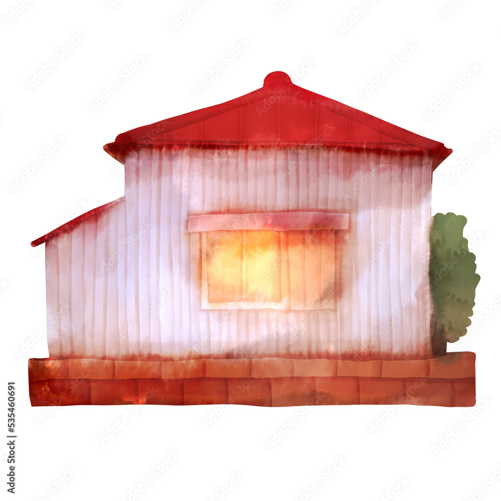 赤い屋根の家の水彩風イラスト