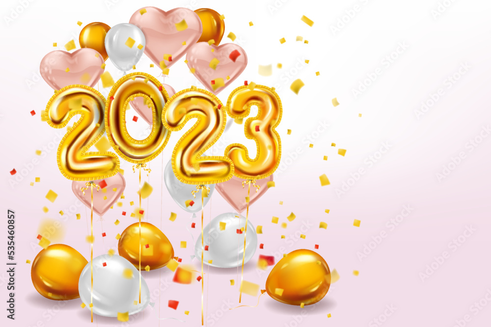 Pink heart balloons Happy New Year 2023, Golden foil numerals, white balloons