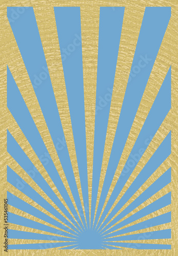 Vintage Blue and Gold Sunburst Stripes Poster Template With Rays Centered at the Bottom, Holiday Background. Retro Inspired Grunge Sun Bursts, Vertical Artwork. 