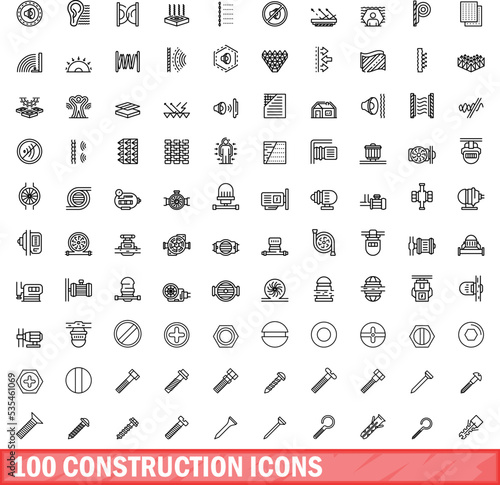 100 construction icons set. Outline illustration of 100 construction icons vector set isolated on white background