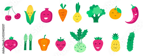 Set of organic fruits, vegetables and berries.