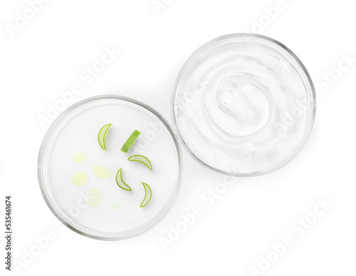 Petri dishes with aloe plants and cosmetic product isolated on white, top view