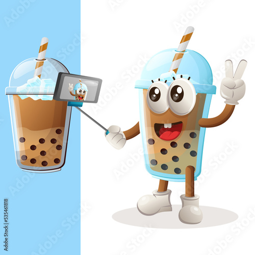 Cute Bubble Tea mascot takes a selfie with smartphone