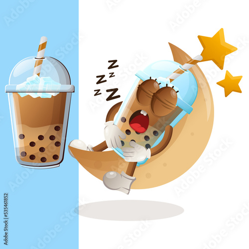 Cute Bubble Tea mascot sleeping, sleeping on the moon