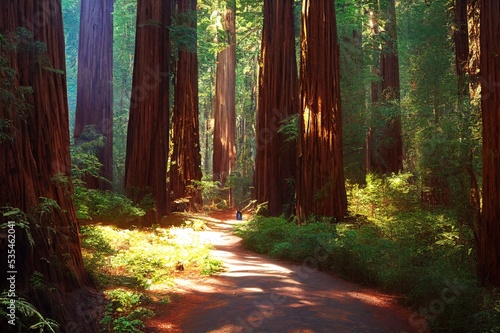 Trail through redwoods in Muir Woods National Monument near San Francisco, California, USA. High quality illustration photo