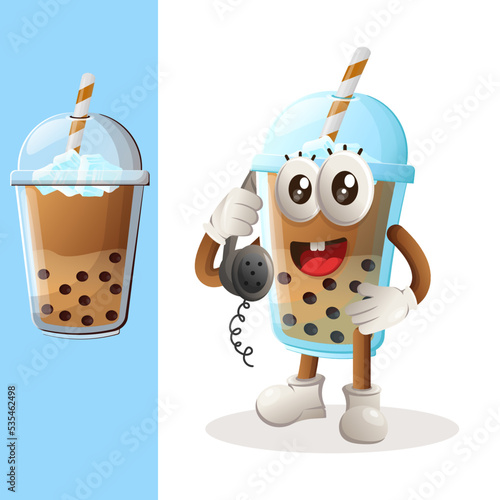 Cute Bubble Tea mascot pick up the phone, answering phone calls