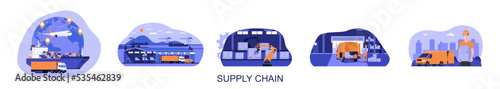 Supply chain concept. Set of images with stages of cargo handling. Vector illustration.