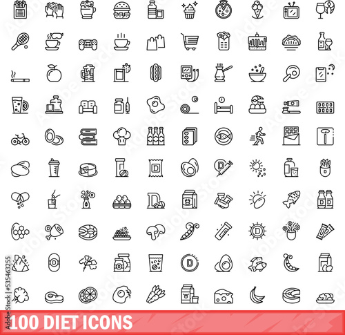 100 diet icons set. Outline illustration of 100 diet icons vector set isolated on white background