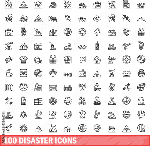 100 disaster icons set. Outline illustration of 100 disaster icons vector set isolated on white background