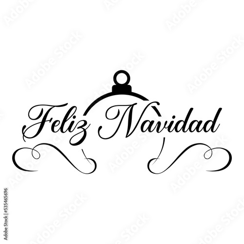 Logo con texto manuscrito Feliz Navidad en español con silueta de bola de navidad lineal con filigrana caligráfica. Líneas con florituras