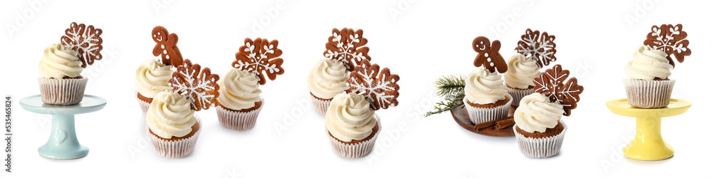 Set of tasty Christmas cupcakes with gingerbread cookies on white background Set of tasty Christmas cupcakes with gingerbread cookies on white background