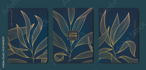 Vector japanese background with gold texture. Luxury black wavy line pattern. Premium backdrop for business layout, texture for print, poster, book, cover. Leaves, plant, nature.