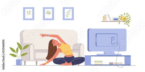 Young woman doing yoga. Online yoga. Fitness on TV. Physical and spiritual practice. Concept  healthy lifestyle. Vector cartoon illustration