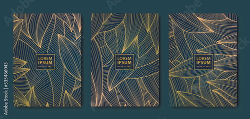 Vector japanese background with gold texture. Luxury black wavy line pattern. Premium backdrop for business layout, texture for print, poster, book, cover. Leaves, plant, nature.